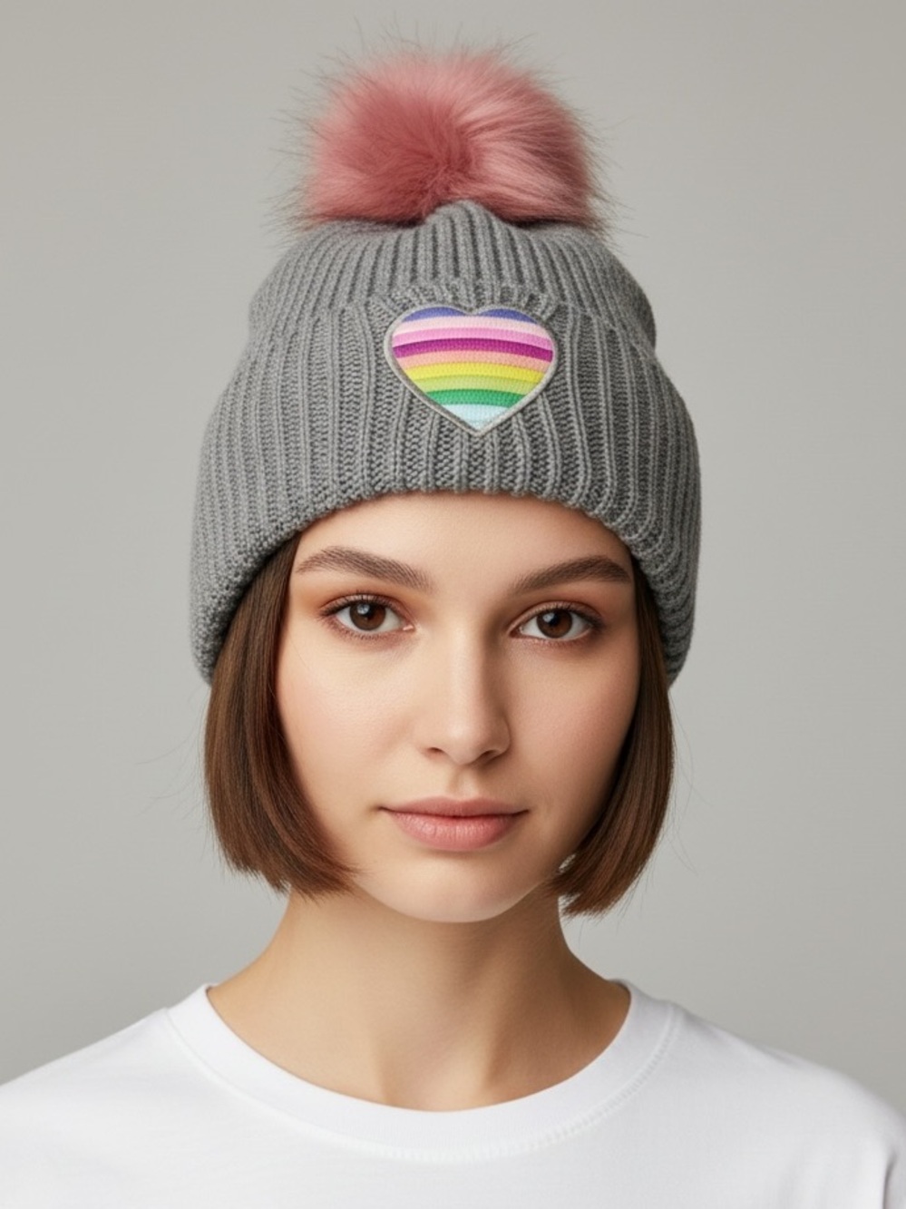 Women’s Gray Knit Hat Beanie Toque Pink Pom Rainbow Heart Patch Winter Kawaii